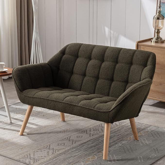 48 Small Loveseat Sofa Modern Sherpa Mini Sofa Couch 2-Seater Fluffy Love Seat with Quilting Backs and Wood Legs for Living Room Bedroom and Small Space Green