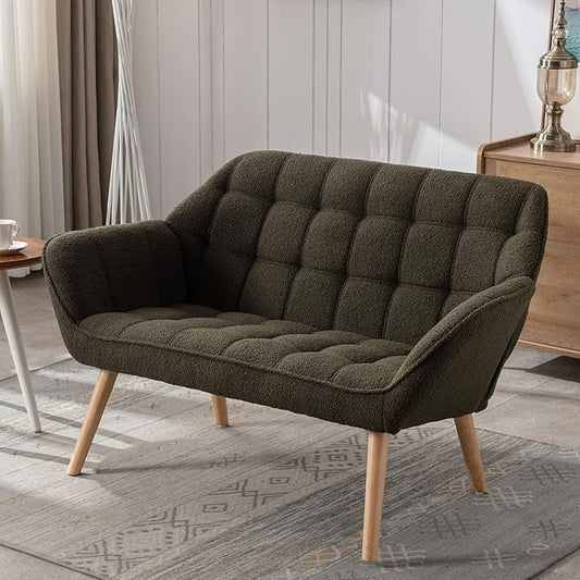 48 Small Loveseat Sofa Modern Sherpa Mini Sofa Couch 2-Seater Fluffy Love Seat with Quilting Backs and Wood Legs for Living Room Bedroom and Small Space Green