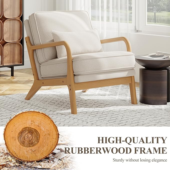 Mid-Century Accent Chair Set of 2 with Solid Wood Frame Reading Relaxing Armchair Lumbar Pillow&amp Soft Cushion Leisure Chair for Living Room Bedroom Waiting Room-Beige