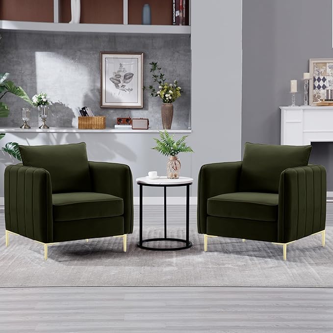 Leather Accent Chair Mid Century Modern PU Leather High Back Armchair for Living Room Chairs with Solid Wood Legs for Small Spaces Bedroom Office (Green-Velvet 29.13D x 32.68W x 35.04H)