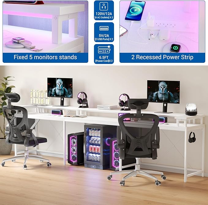 U Shaped Computer Gaming Desk 79’’ Reversible l Shaped Computer Desk with Power Outlet &amp LED Strip Office Desk with Monitor Stand Large Corner Desk with Storage Bag for Bedroom Office White