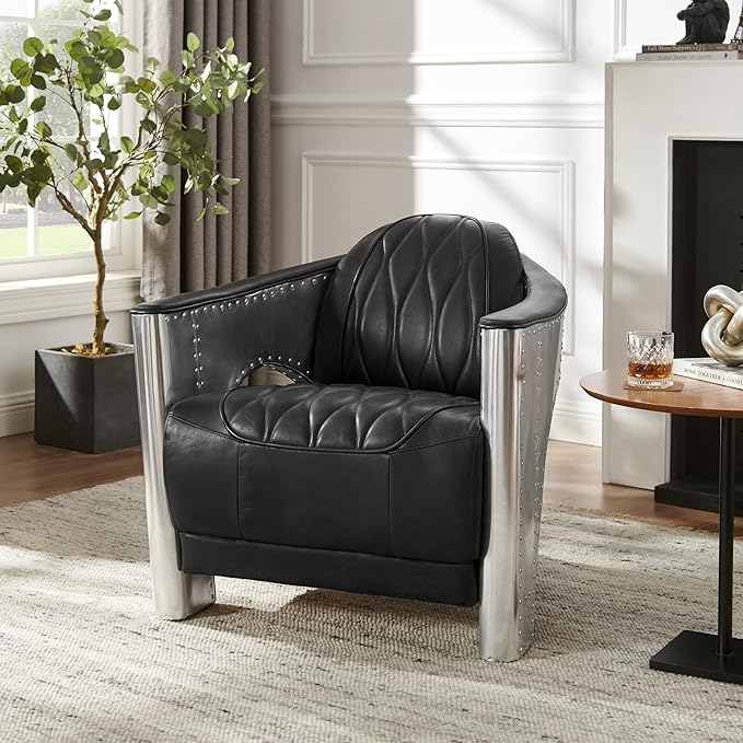 Zouron Vintage Leather Accent Chair Upholstered Living Room Chair with Aluminum Legs and Handcrafted Rivets Genuine Leather Single Sofa Chair Barrel Aviator Chair Black
