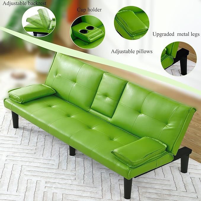 67Modern Futon Sofa BedConvertible 3 in 1 Sleeper Bed Couches with Adjustable BackrestCup HoldersComfy PVC Leather Recliner Sofa Loveseat with Chrome Legs for Small Home Living Room (Green)