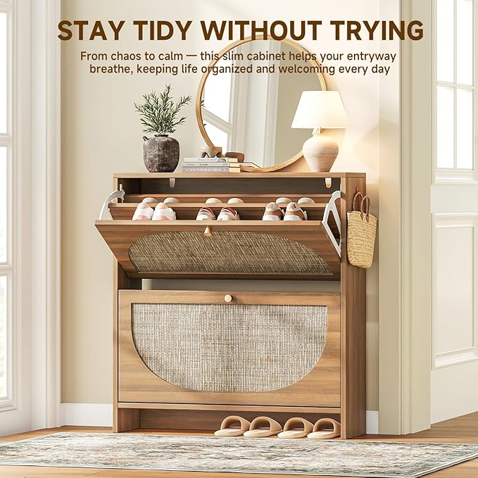 Nicetree Rattan Arched Accent Shoe Storage Cabinet - Freestanding Ultra Slim for Entryway 2 Flip Drawers &amp 3-Tier Adjustable Shelves Farmhouse Modern Rustic Shoe Rack for Hallway Foyer Living