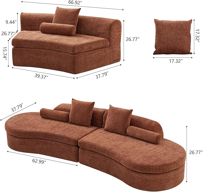 AVZEAR Curved Modular Sectional Sofa Chenille Upholstered Cloud 6 Seater Couch for Living Room No Assembly Modern Love Seat Sofa with 3 Bolster Pillows &amp 3 Square Pillows High-Density Foam Ora