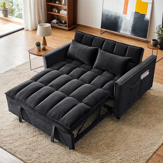 Sleeper Sofa Couch with Pullout Bed 54'' Velvet Futon Loveseat Sofa 3-in-1 Convertible Love Seat Couch for Living Room Apartment Chair Bed Sleeper for Adults (Black)