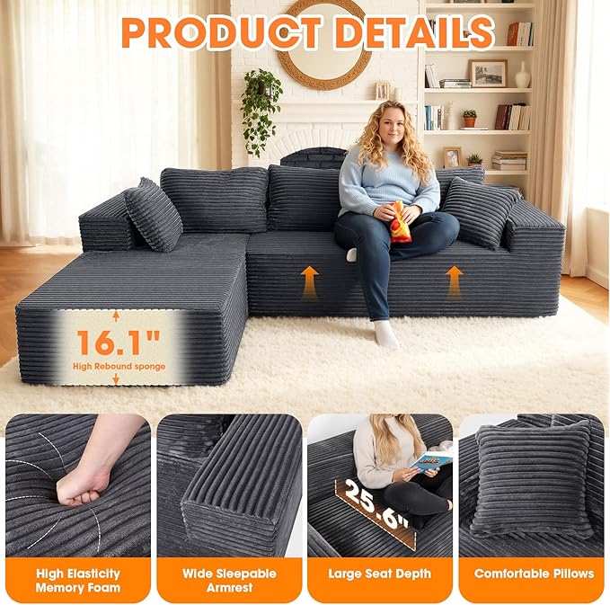 108” Modular Sectional Sofa Couches Oversized L-Shape Cloud Couch with Deep Seat Comfy Memory Foam Modern Boneless Couch for Living Room No Assembly Required