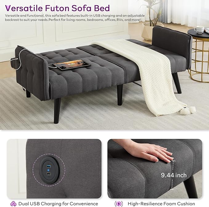 TYBOATLE 65“ Convertible Futon Sofa Bed w/ 2 USB Upholstered Tufted Small Adjustable Folding Couch Loveseat Modern Mid Century Sleeper Sofa for Living Room Bedroom Apartment Office (Dark Grey)