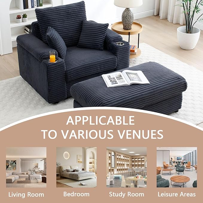 43.3”W Oversized Accent Chair with Ottoman &amp Storage Modern Corduroy Reading Chair with Cup Holder &amp Pillow Comfy Upholstered Deep Seat Armchair for Living Room Bedroom (Dark Grey)