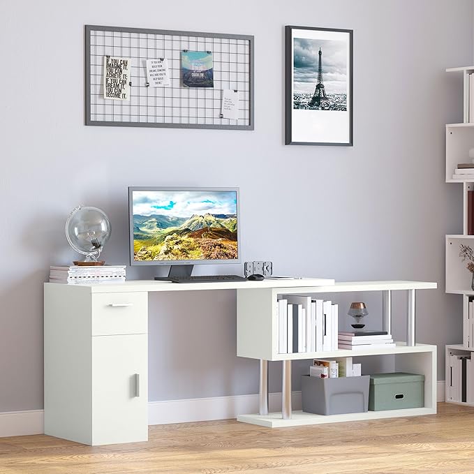 Rotating Computer Desk 55 L Shaped Desk Corner Desk with Storage Shelves Cabinet and Drawer for Home Office White