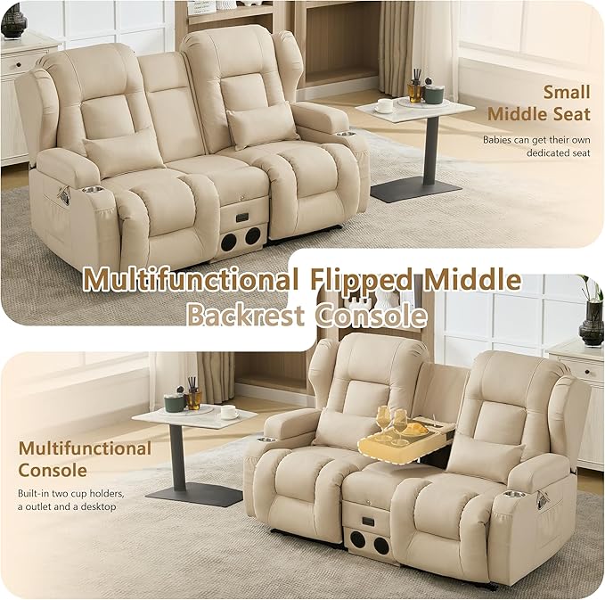 URRED Manual Loveseat Recliner Sofa with Console Rocker Recliner Couch with Bluetooth Speakers USB Ports &amp AC Outlets Cup Holders and Side Pocket for Living Room &amp Home Theater (Leathaire B