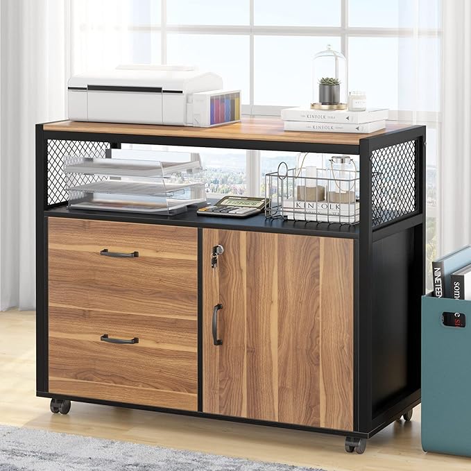 Tribesigns Modern File Cabinet with Drawers for Letter-Size Lockable lateral Filing Cabinet Printer Stand with Door&amp Caster for Home Office.Desk Not Included