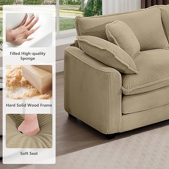 mikibama Luxury 2 Piece Sofa Set Loveseat Couch &amp Sofa Armchair Set Modern Corduroy Comfy Cloud Couches Set for Living Room Office with 2 Armrest Pillows and 3 Toss Pillows Camel
