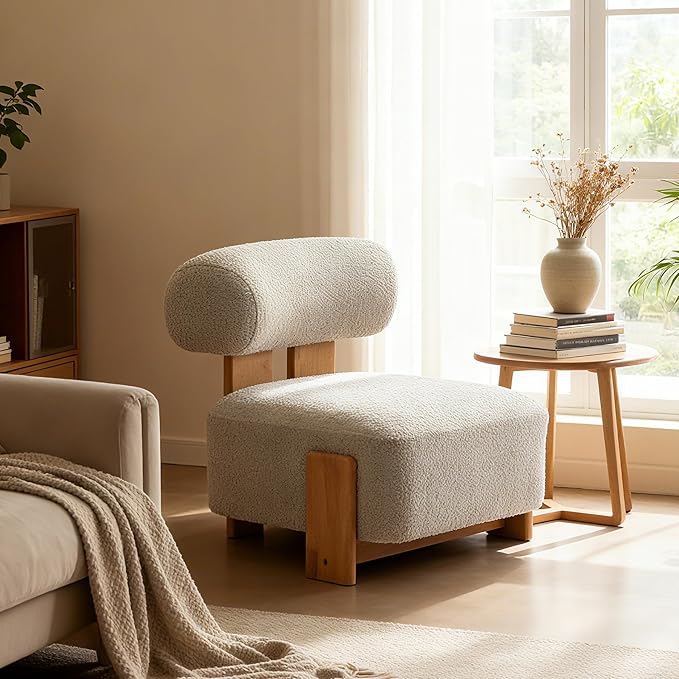 Christopher Knight Home Jillian Modern Boucle Upholstered Accent Chair Armless Living Room Single Lounge Sofa Comfy Reading Chair for Bedroom Low Profile Chair Milky White+Brown