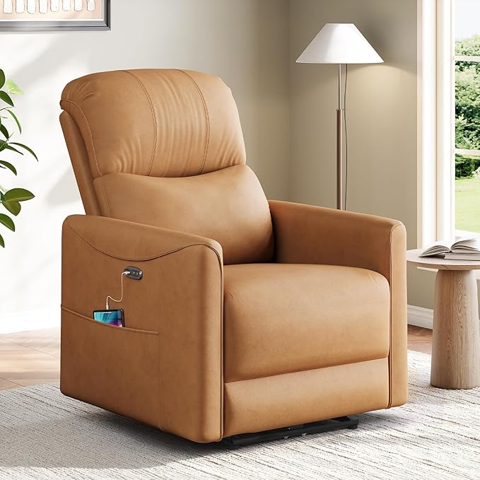 Power Recliner Chair Reclining Chair PU Leather Small Recliners for Small Spaces Infinite Position Electric Recliner Chairs for Adults Electric Recliners with USB Port &amp Side Pocket Brown