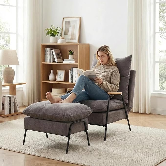 MCombo Accent Recliner Chair with Ottoman Modern Fabric Armchair Upholstered Sofa Bed for Living Room Bedroom Small Space 4055 (Black Frame Grey)