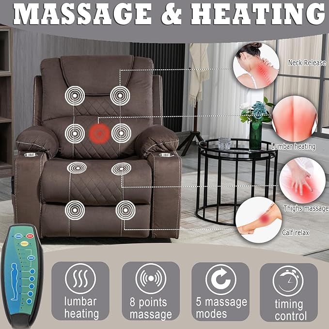 Large Power Lift Recliner Chair Sofa with Massage and Heat for Big and Tall ElderlyInfinite PositionsSingle MotorCup Holdersand USB PortsVelvet Home Theater Seat