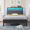 Seventable Bed Frame Twin Size with Charging Station LED Bed with Upholstered Storage Headboard Metal Platform Bed with Under Bed Storage No Box Spring Needed Noise Free Easy Assembly Grey
