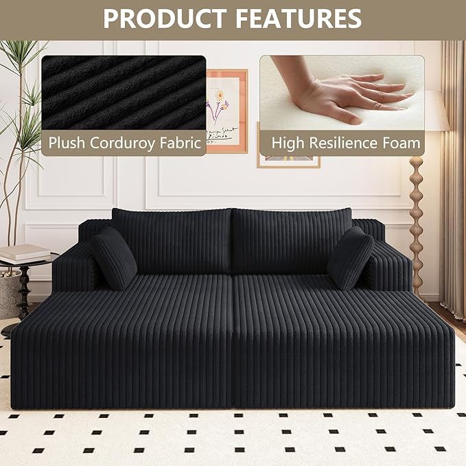 70.8 Oversized Boneless Double Chaise Lounge Chair Indoor Upholstered Corduroy Cloud Chaise Lounges with 4 Pillows Modern Deep Seat Loveseat Sleeper Sofa for Living Room Bedroom Apartment Black