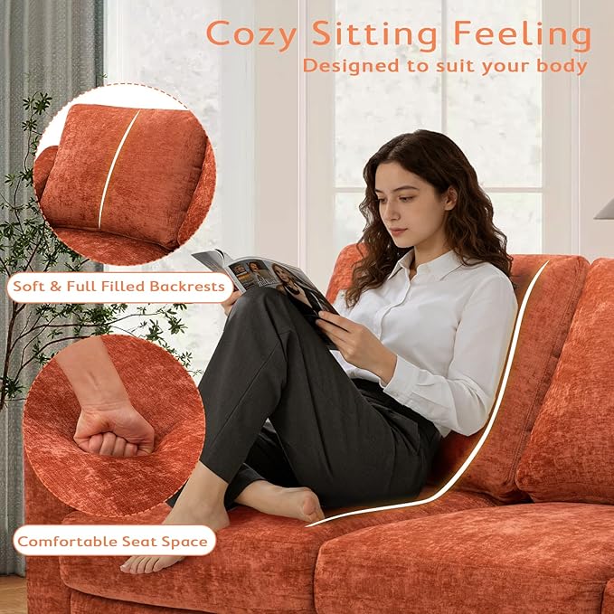 67” Chenille Loveseat Sofa w/Comfortable Back Cushions &amp Curved Armrests Modern 2-Seat Couch w/Deep Seat Space Upholstered 2 Seater Sofa w/High Resiliency Foam for Living Room Orange