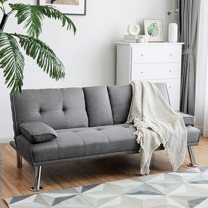 Giantex Modern Convertible Futon Sofa Bed Linen Upholstered Sofa Sleeper w/Metal Leg Removable Armrests 2 Cup Holders Backrest Adjustable Folding Sofa Bed for Apartment (Light Gray)