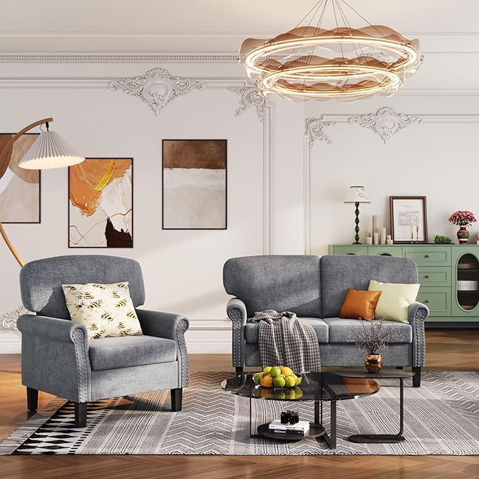 Sophia &amp William Living Room Furniture Sets with Armchair and Loveseat Sofa Linen Fabric Upholstered Sofa Set Grey
