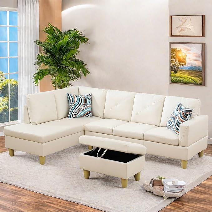 FONTOI L Shaped Sectional Couch Sofa Modern Couches for Living Room Comfy 4 Seat Modular Sectional Sofa with Ottoman Storage for Bedroom Apartment White
