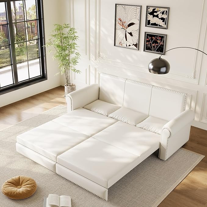 93.7 King Size Chesterfield 3-seat Pull Out Sofa Bed Leather Sofa Bed with Nailhead Trim and Rolled Arm 3-in-1 Sofa Sleeper for Living Room Apartment Office Cream White