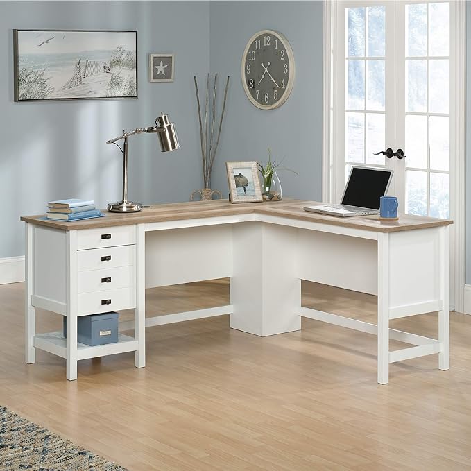 Sauder Cottage Road L Shaped Desk Computer Desk with Drawers Home Office Desk with Optional File Cabinet Storage Cable Management in Soft White Finish