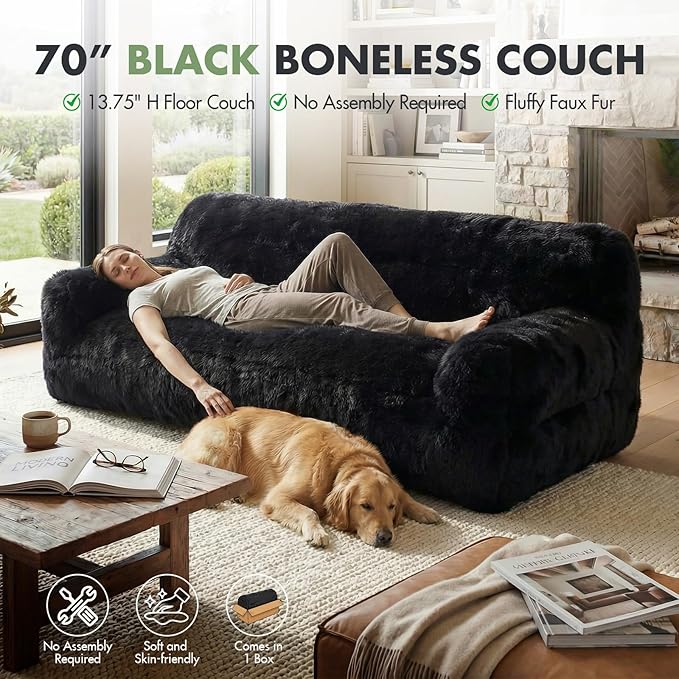 Black Compressed Couch 70 2-Seater Fluffy Faux Fur Boneless Loveseat Sofa with Memory Foam for Living Rooms Bedrooms Apartments No Assembly Required | Plush faux fur Memory foam comfort Zero as