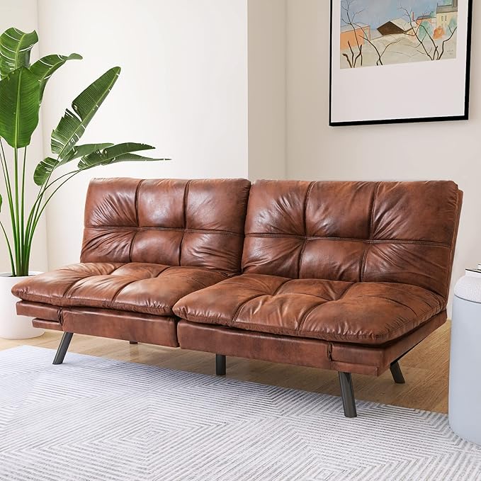 Opoiar Futon Sofa BedLounge Memory Foam Sleeper Couch for Living RoomConvertible Loveseat for Compact Living SpacesStudio ApartmentDormHome Office71-Brown-Faux Leather-Thicker versio