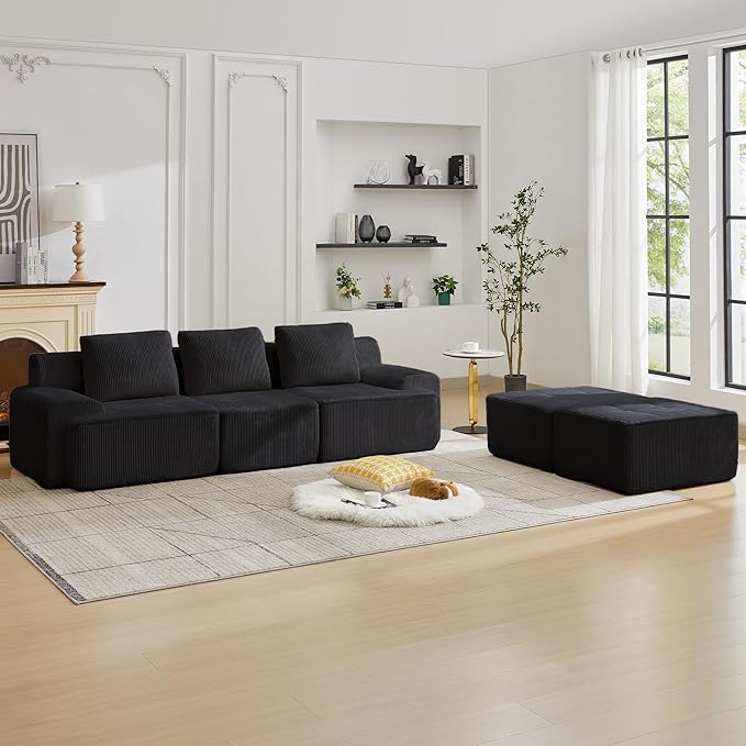 Modular Sectional Sofa with Movable Ottoman 3 Seat Deep Seat Couch with 3 Pillows Comfy Cloud Sectional Sofa for Living Room Bedroom and Apartment (Black 1 Left+1 Right+1 Middle+2 Ottoman)