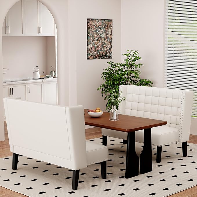 Yongqiang Modern Tufted Loveseat Settee White Faux Leather Upholstered Bench with Back for Kitchen Dining Room Living Room High Back Banquette Seating Sofa Couch with Wood Legs