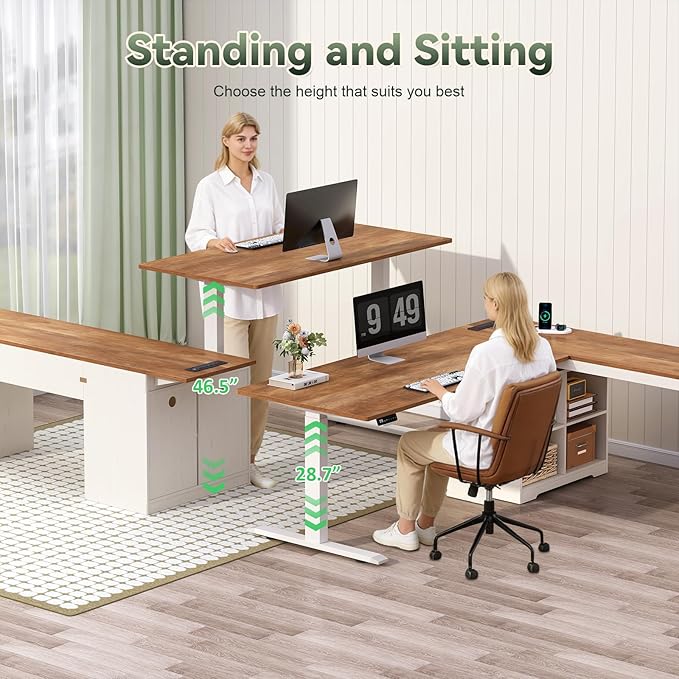 Farmhouse L Shaped Standing Desk 66 inch Corner Electric Standing Desk with Drawers ＆ Storage Shelves Height Adjustable Computer Desk with Power Outlets for Home Office Antique White