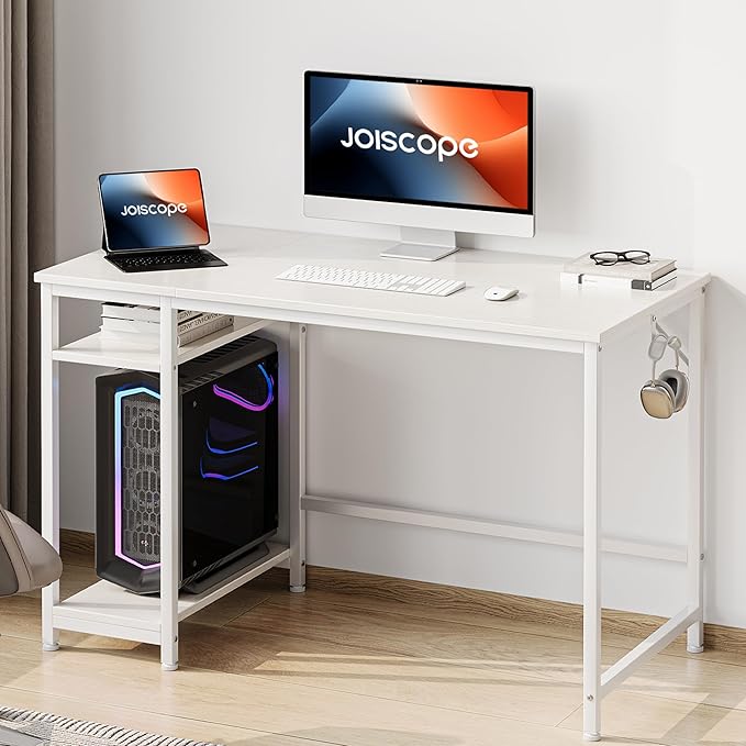 JOISCOPE Home Office Desk with Double Reversible Side Shelves and Headphone Hooks Small Computer Desk for Working Gaming Studying 48 inches White