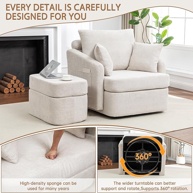 39''W Oversized Accent Chair with OttomanComfy Swivel Lounge Reading Chairs for Living RoomBedroom (Chenille Beige)