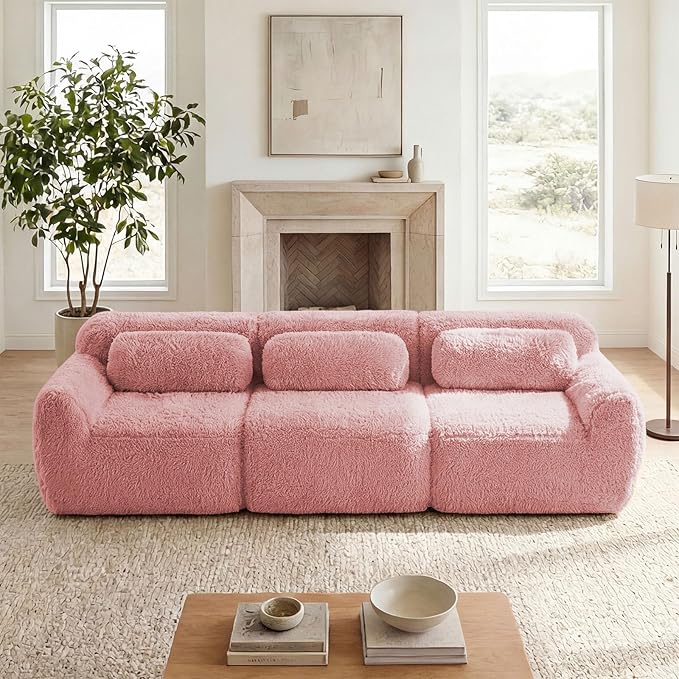 114 Modern Modular Boneless Sectional Couches for Living Room 3 Seater Deep Seat Compressed Sofa No Assembly Required Plush Fabric Fabric Cloud Comfy Sofa Set Pink