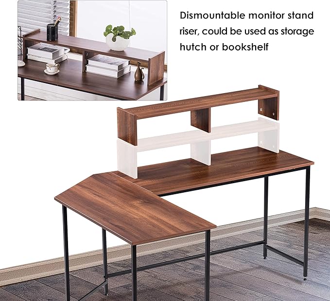 ivinta L-Shaped Computer Office Desk Modern Gaming Corner Desk with Monitor Stand Home Office Study Writing Table Workstation for Small Spaces 6404 (Brown)