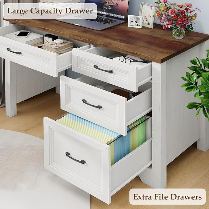 Farmhouse Executive Desk with Drawers Wood Computer Desk with Ample File Drawer Rustic Home Office Desk with Storage for Bedroom Living Room White