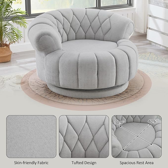 Merax 360 Swivel Accent Chair Sofa Modern Comfort Oversized Round Seat with Luxurious Chenille Fabric Channel Tufted Back Thick Cushion for Living Room Bedroom Grey