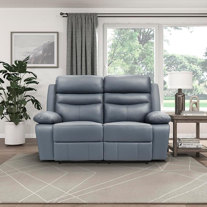 Lexicon 64 W Power Double Reclining Loveseat with USB Charging Port Wall Hugger Leather Match Reclining Love Seat for Living Room Apartment Easy Assembly Blue