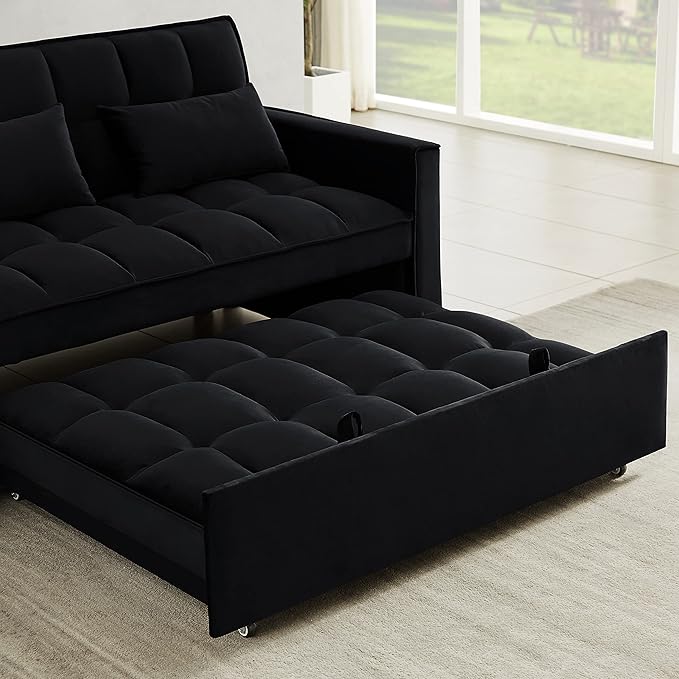 Antetek Convertible Sleeper Sofa Bed 3 in 1 Velvet Loveseat Futon Sofa Couch with Pullout Bed Black 54