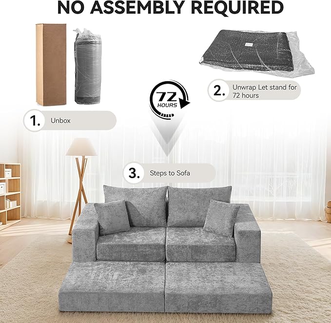Boneless Sectional Loveseat Couch with Ottoman Convertible Modular Floor Sleeper Sofa Bed Comfy Foldable Compression Love Seat Sofa for Living Room No Assembly Light Grey