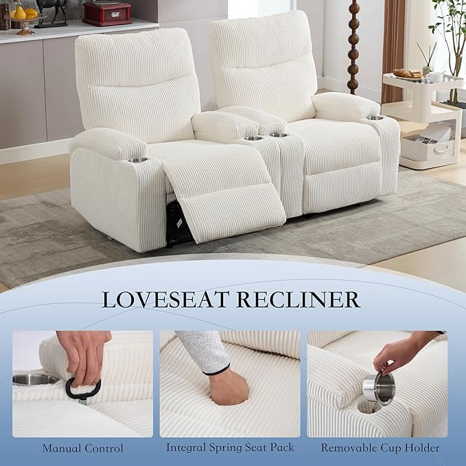 Manual Recliner Chair with Pull Ring 3 Position 140° Reclining Sofa for Living Room Nursery RV and OfficeOversized Recliner Chairs for Adults(White Corduroy Fabric)