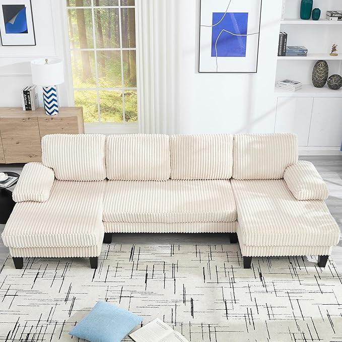 114 Cloud Couch Modular Sectional Sofa Convertible U-Shaped Sofas Couches with Double Chaise Lounge Corduroy Upholstery Sofa Double Cushions Deep Seat Couchs for Living Room White