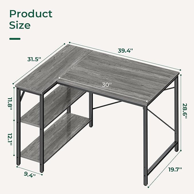Huuger L Shaped Desk 39 Inches Computer Desk with Reversible Storage Shelves for Gaming Corner Home Office Writing Study Metal Frame Gray