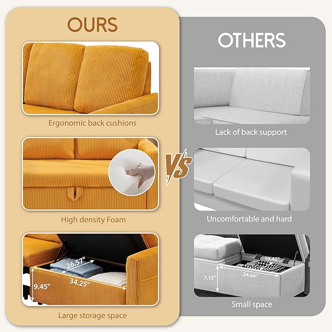 Convertible Sectional Sofa Couch 71 Corduroy Fabric Modern 3 Seater L-Shaped Sofa with Reversible Chaise &amp Seats Storage Deep Seat Sleeper Couch for Living Room Small Spaces Yellow