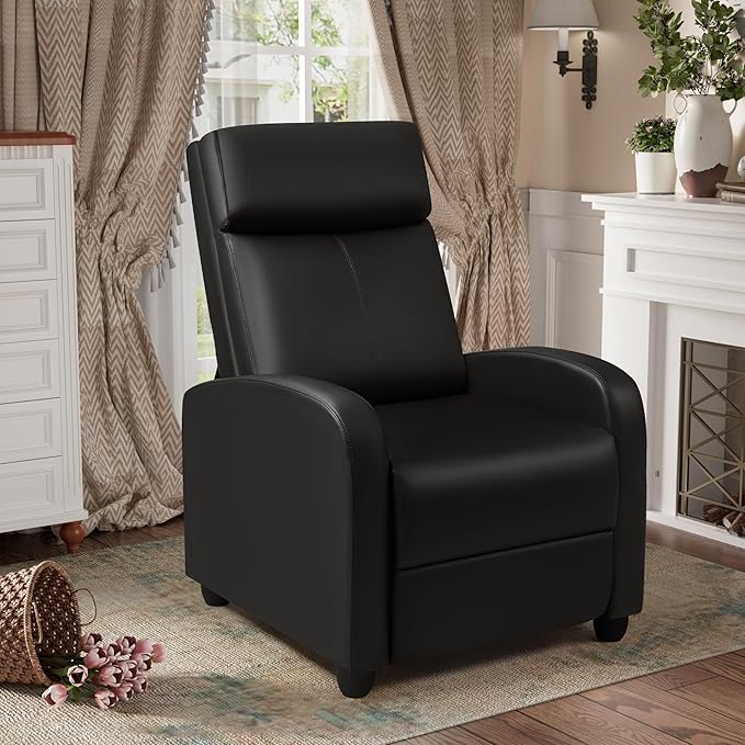 GUNJI Recliner Chair for Adults Modern PU Leather Adjustable Reclining Chair for Living Room Home Theater Seating with Footrest (Black)