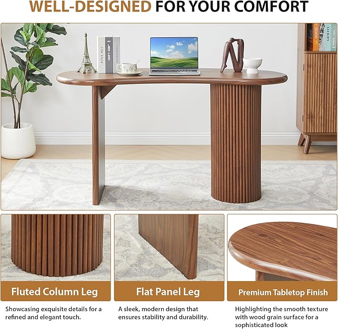 LEVNARY 54.3 Curved Small Computer Desk Wooden Executive Desk with Sturdy Fluted Legs Modern Luxury Corner Single Writing Vanity Desk for Bedroom Living Room Home Office (Walnut)