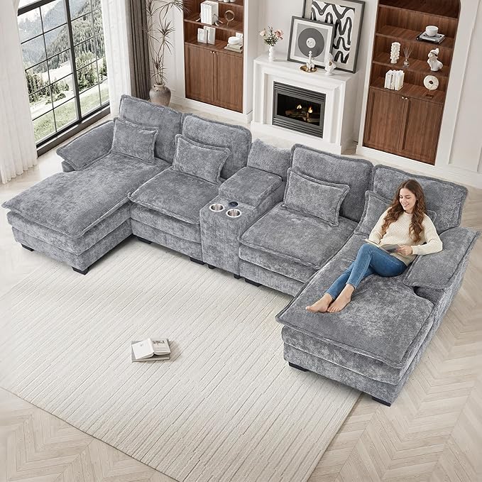 132 Oversized U Shaped Cloud Couch Modular Sectional Couches for Living Room Comfy Chenille Deep Seat Sofa Set with Double Chaise Lounge Storage Central Console Cup Holders USB Port Light Grey